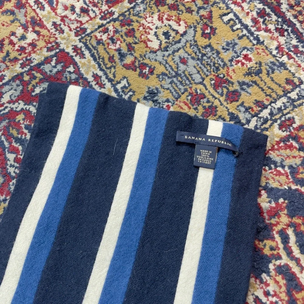 Banana Republic Mens Striped Wool Double Layer Scarf Navy Blue White Royal‎ Blue